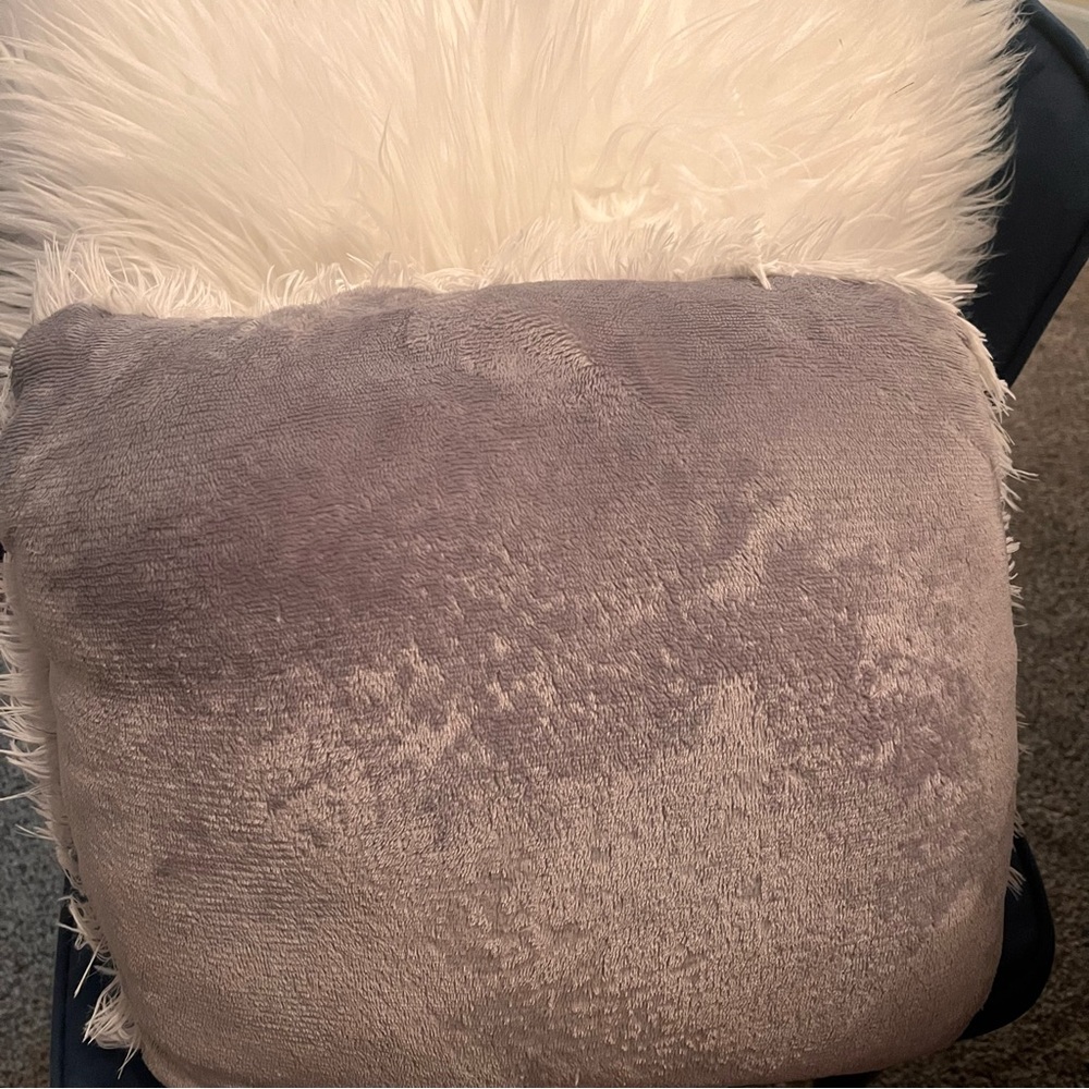 White fluffy pillow, grayish white fluffy pillow, grey and white fluffy blanket